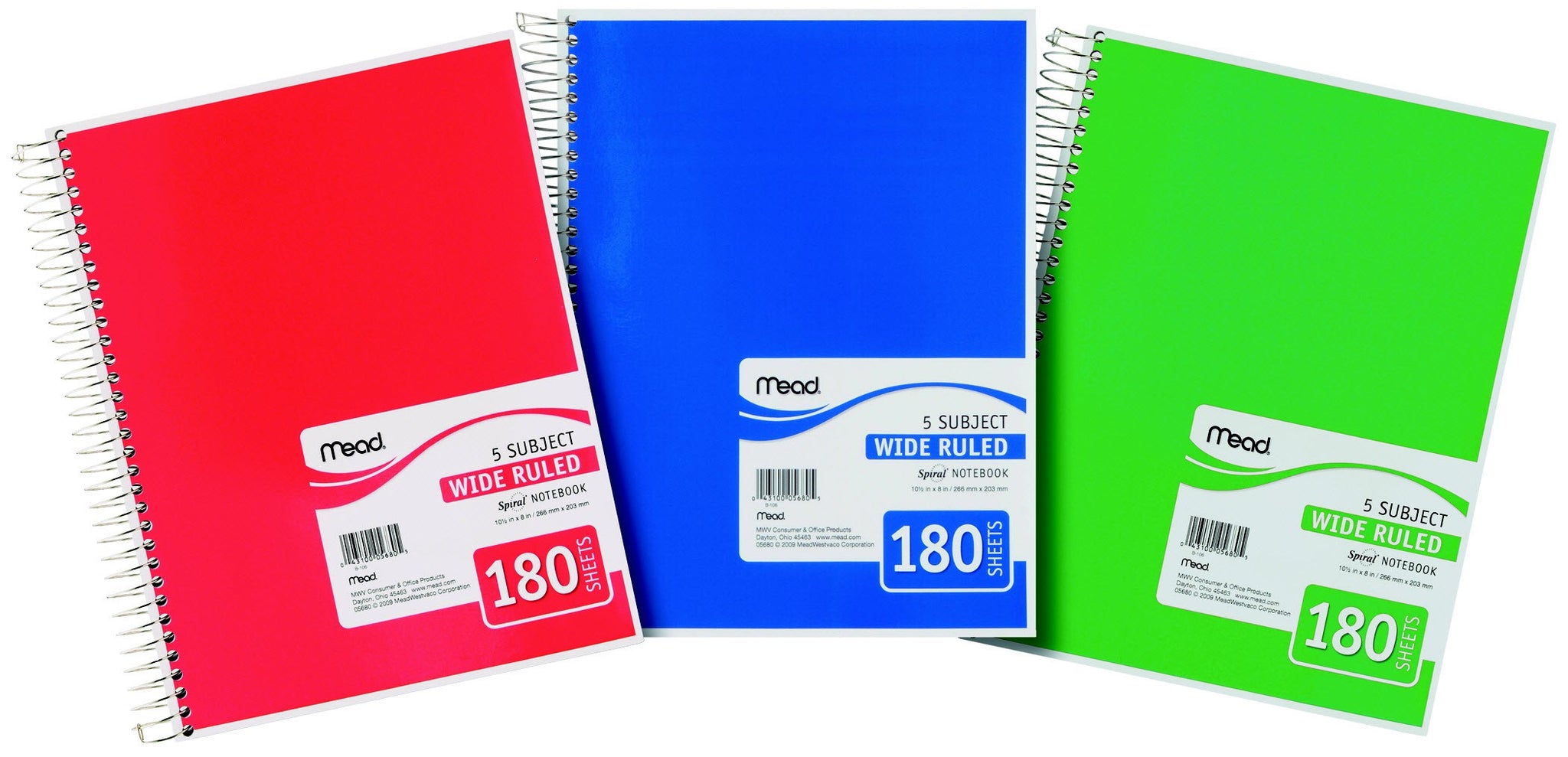 Mead 180-pg 5-Subject Wide Ruled Notebook