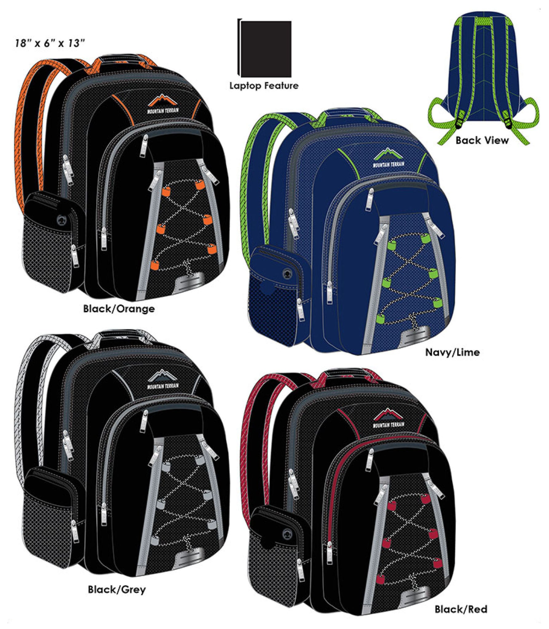 Mountain Terrain 17" Nylon Backpack with Reflectors in Assorted Colors